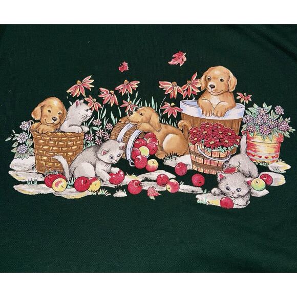 VTG Basic Editions LG Green Crew Boxy Ugly Sweater Holiday Puppy Kitten Winter - Picture 2 of 8